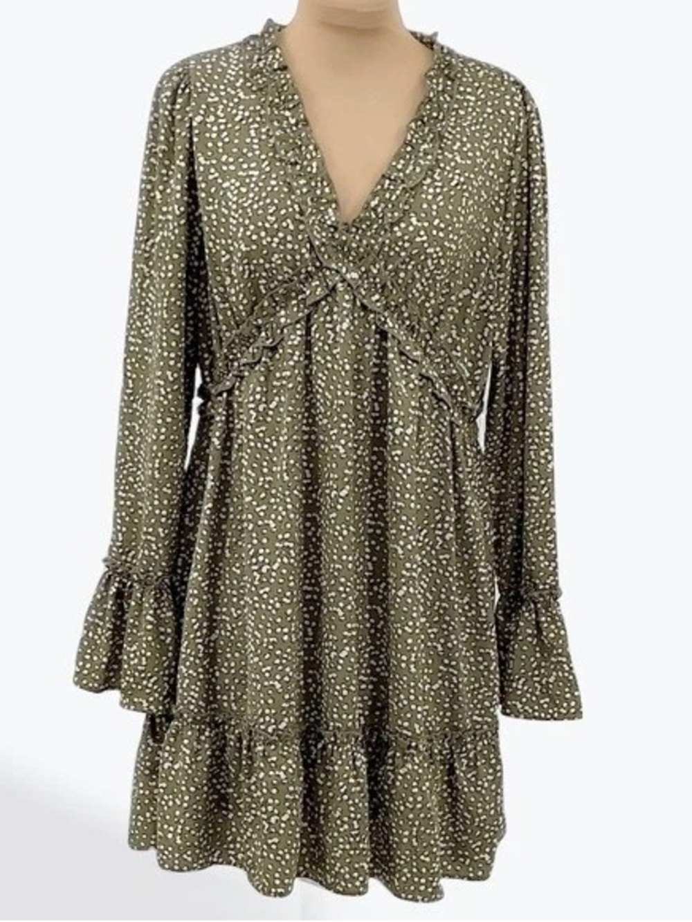 LOVERICHE Ruffle Mini Flirty Dress SAGE Olive GREEN Ditsy Floral Speckled